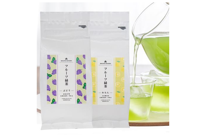 「三國屋善五郎　フルーツ緑茶」数量限定販売<br>ぶどう/れもん（各4g×10P入り） 各918円 